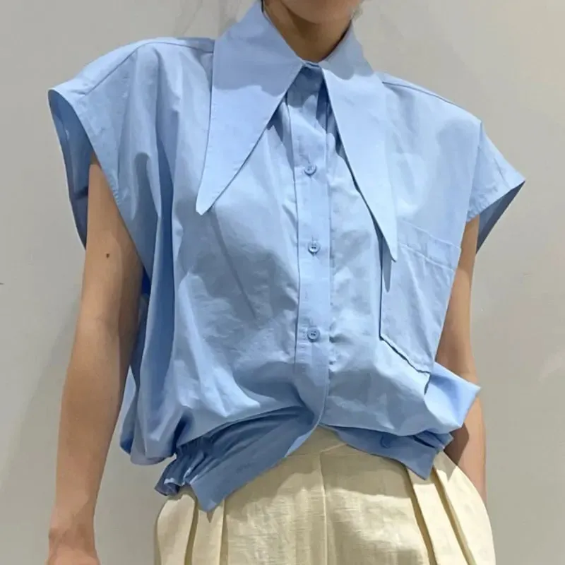 Girlary Simple Solid Color Lapel Women Blouses Loose Large Pocket Design Blusas Short Sleeve Shirts Korean Summer Top for Women