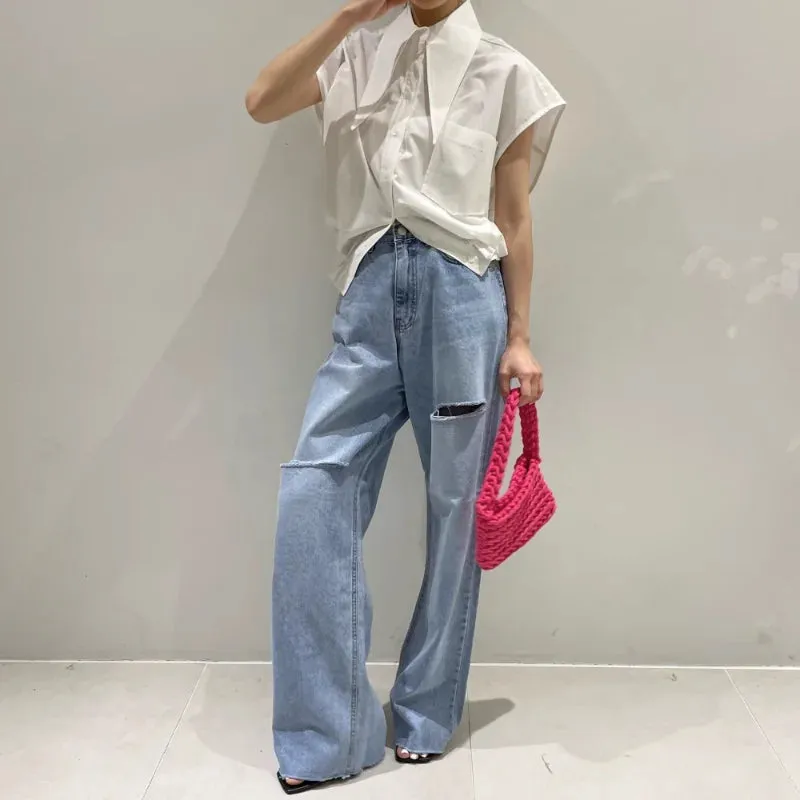 Girlary Simple Solid Color Lapel Women Blouses Loose Large Pocket Design Blusas Short Sleeve Shirts Korean Summer Top for Women