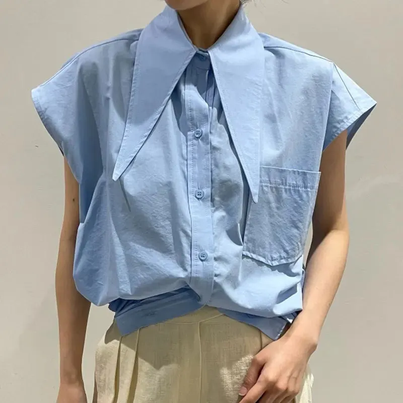 Girlary Simple Solid Color Lapel Women Blouses Loose Large Pocket Design Blusas Short Sleeve Shirts Korean Summer Top for Women