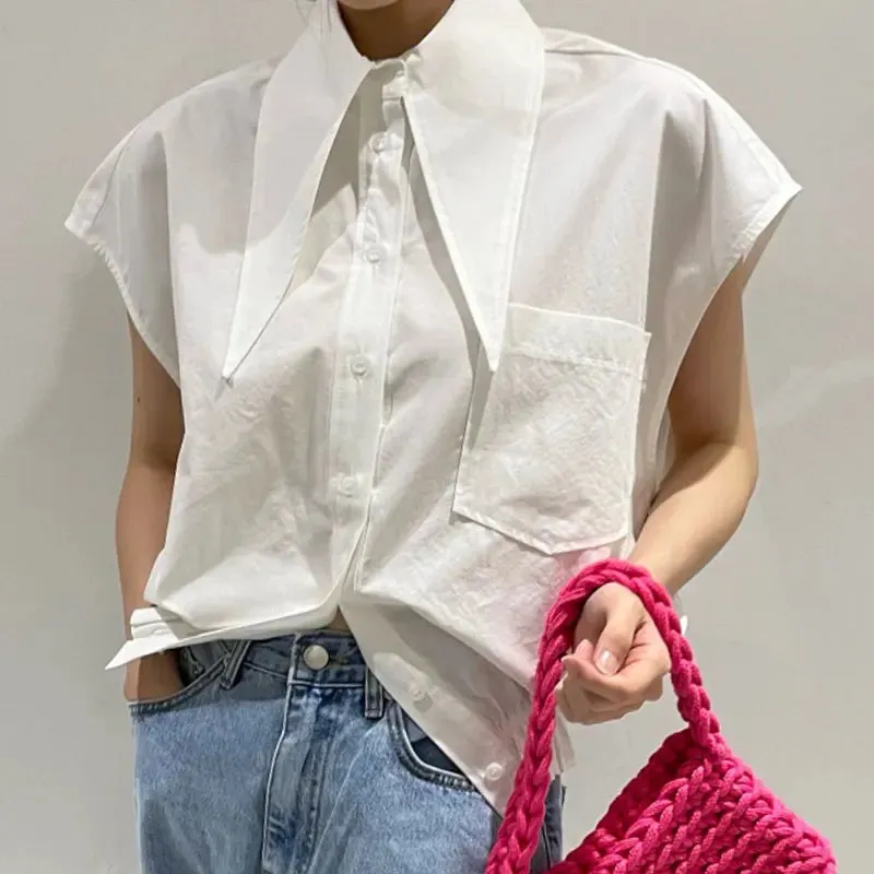 Girlary Simple Solid Color Lapel Women Blouses Loose Large Pocket Design Blusas Short Sleeve Shirts Korean Summer Top for Women