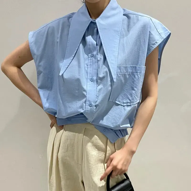 Girlary Simple Solid Color Lapel Women Blouses Loose Large Pocket Design Blusas Short Sleeve Shirts Korean Summer Top for Women