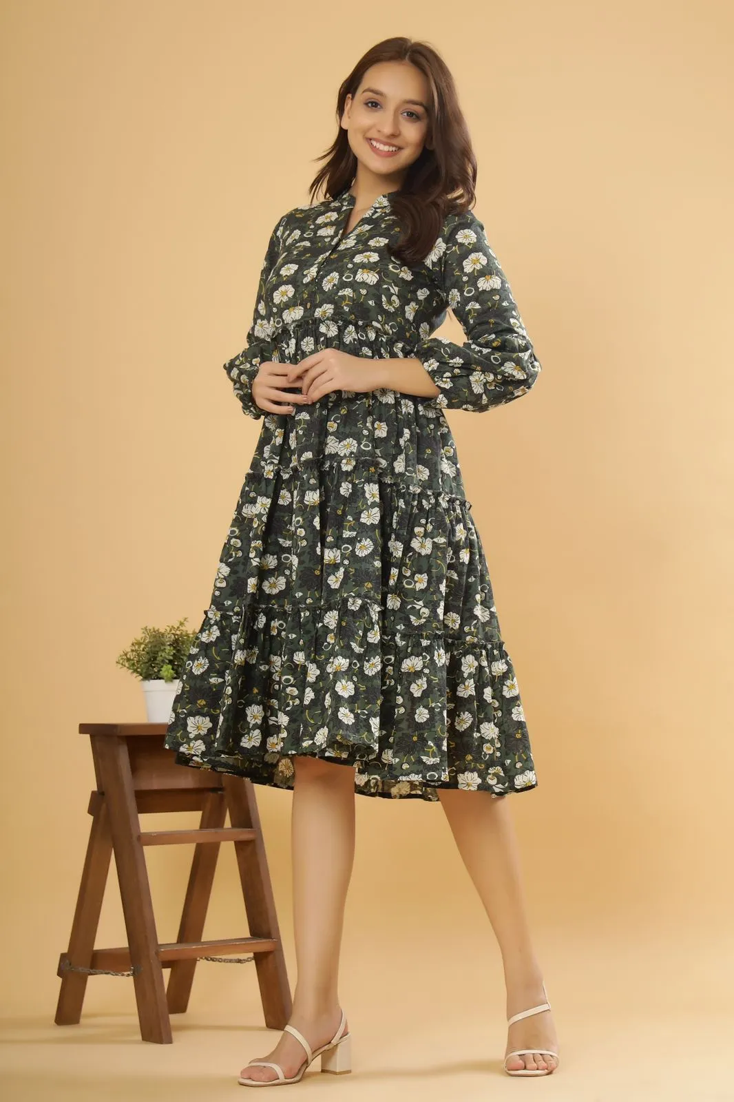 Green & Black floral cotton Dress