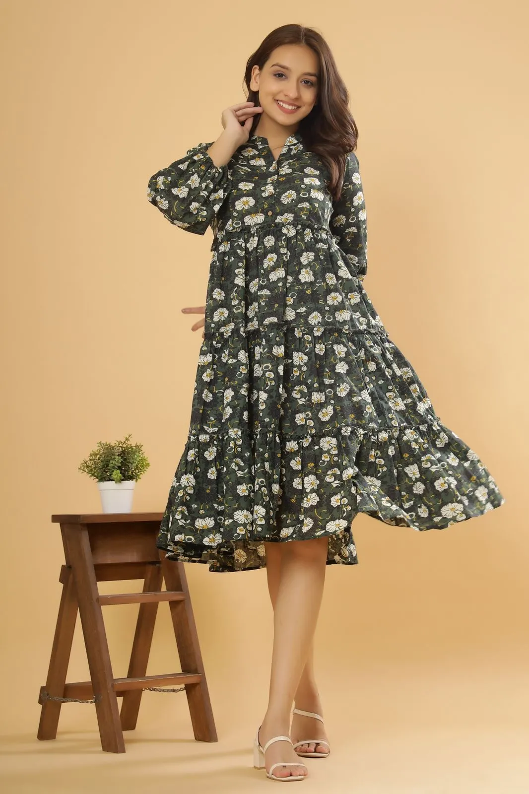 Green & Black floral cotton Dress