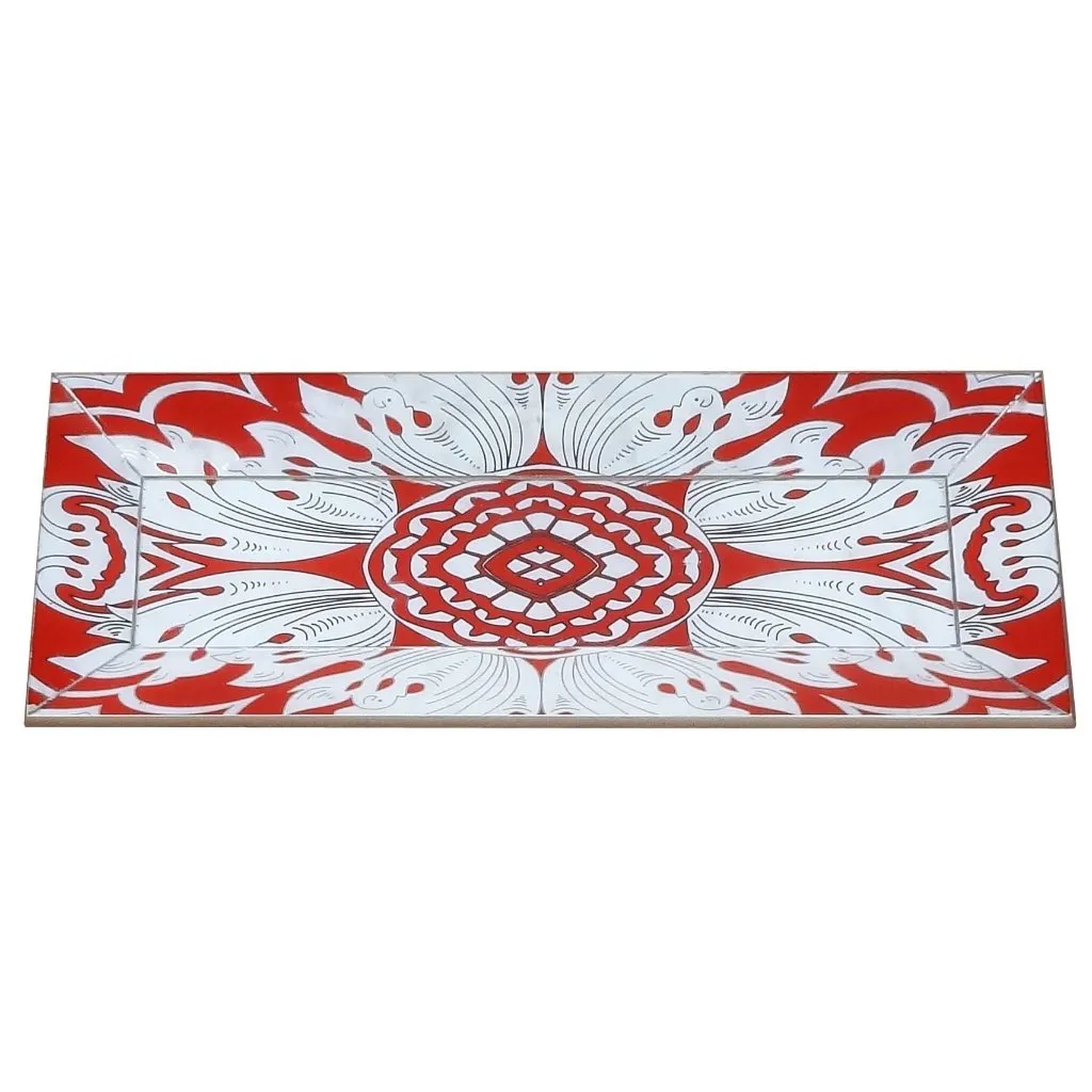 Handmade Reverse Painted Mirror Tray with Beveled Edge in Tomato Red - Small