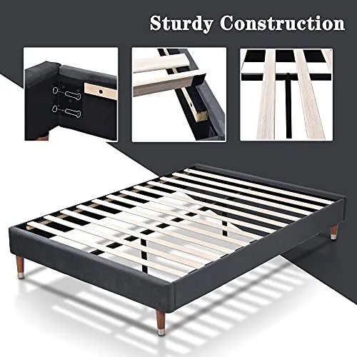 Hoomic 13 Inches Full Size Platform Bed Frame, Velvet Upholstered Mattress Foundation with Wood Slat Support, No Box Spring Needed, Quick and Easy Assembly, Grey