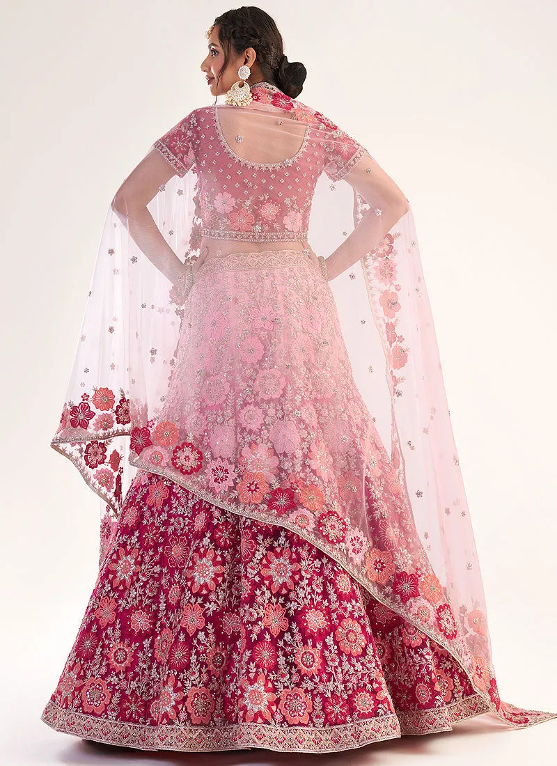 Hot Pink Floral Embroidered Soft Net Wedding Lehenga Choli