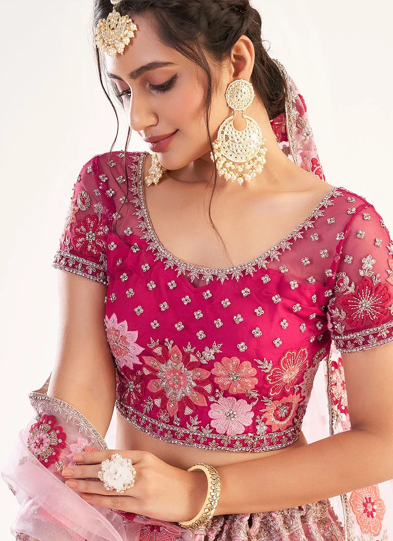 Hot Pink Floral Embroidered Soft Net Wedding Lehenga Choli