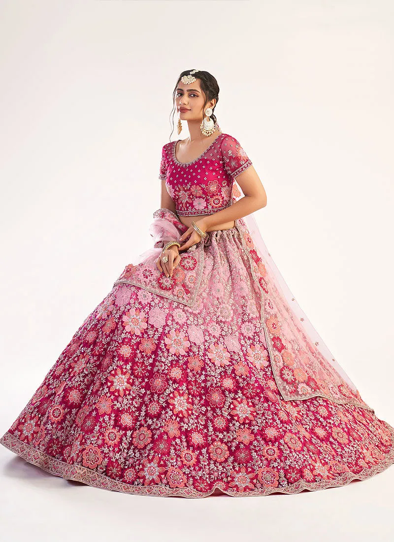 Hot Pink Floral Embroidered Soft Net Wedding Lehenga Choli