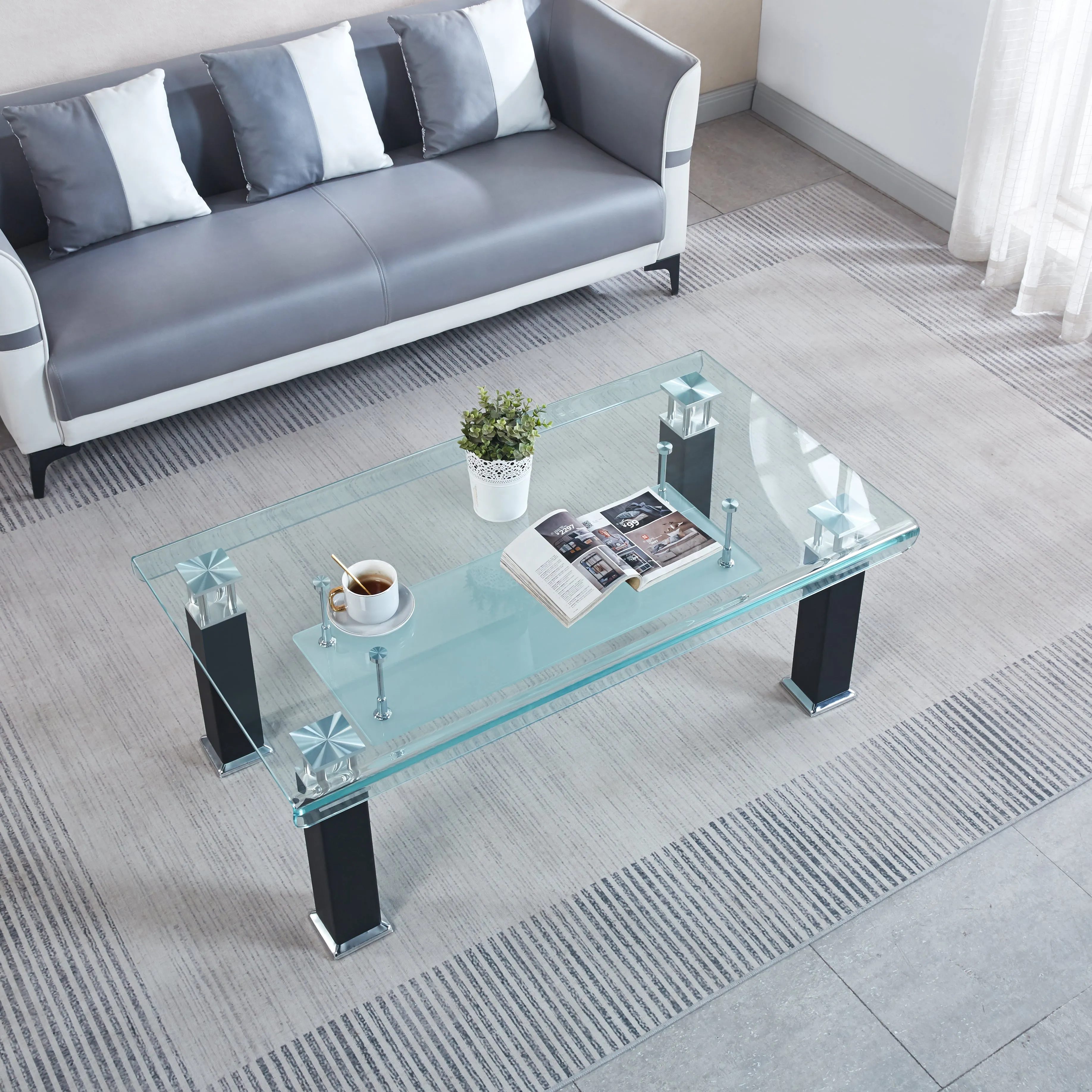 JD3 Modern Glass Coffee Table with Leatherette Accents