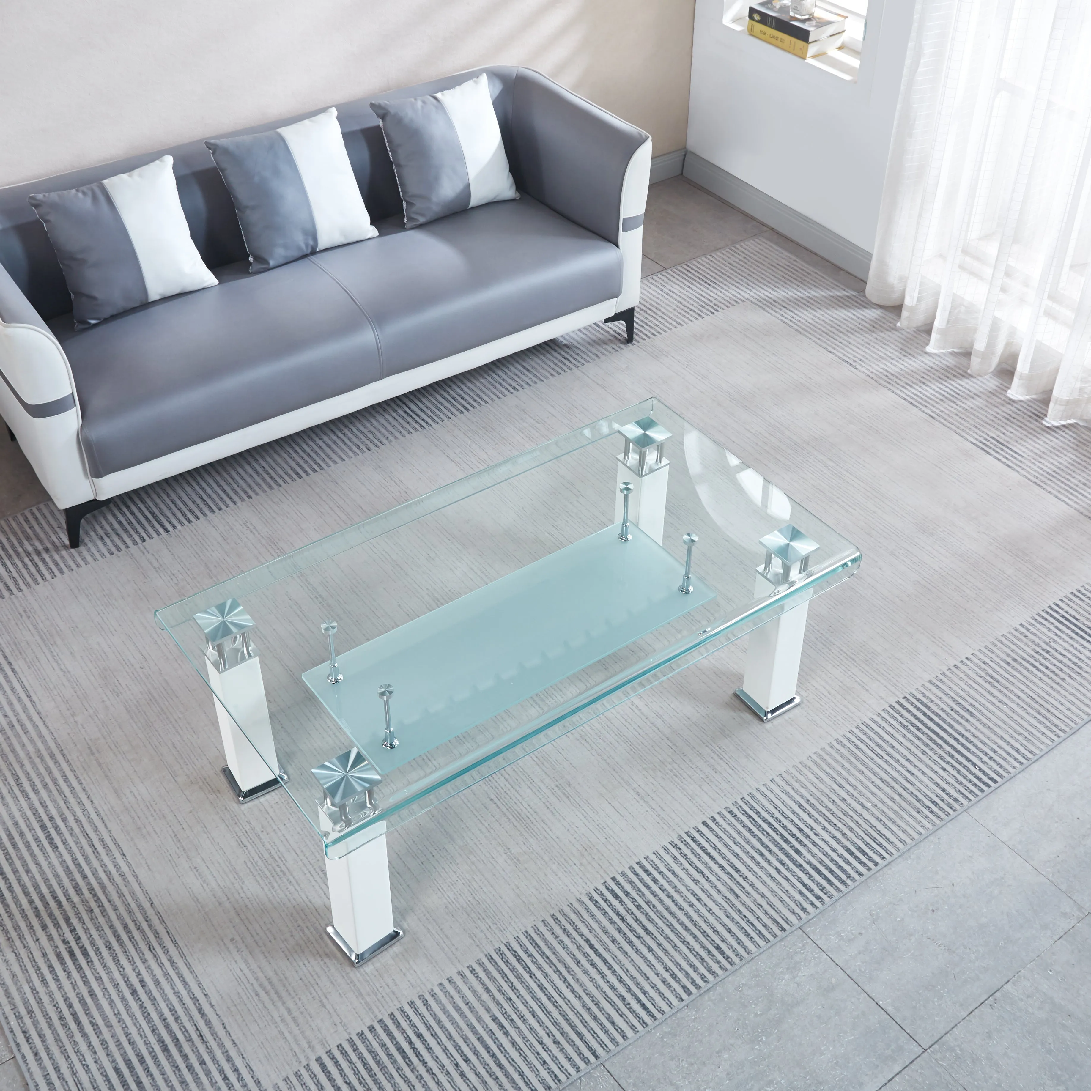 JD3 Modern Glass Coffee Table with Leatherette Accents