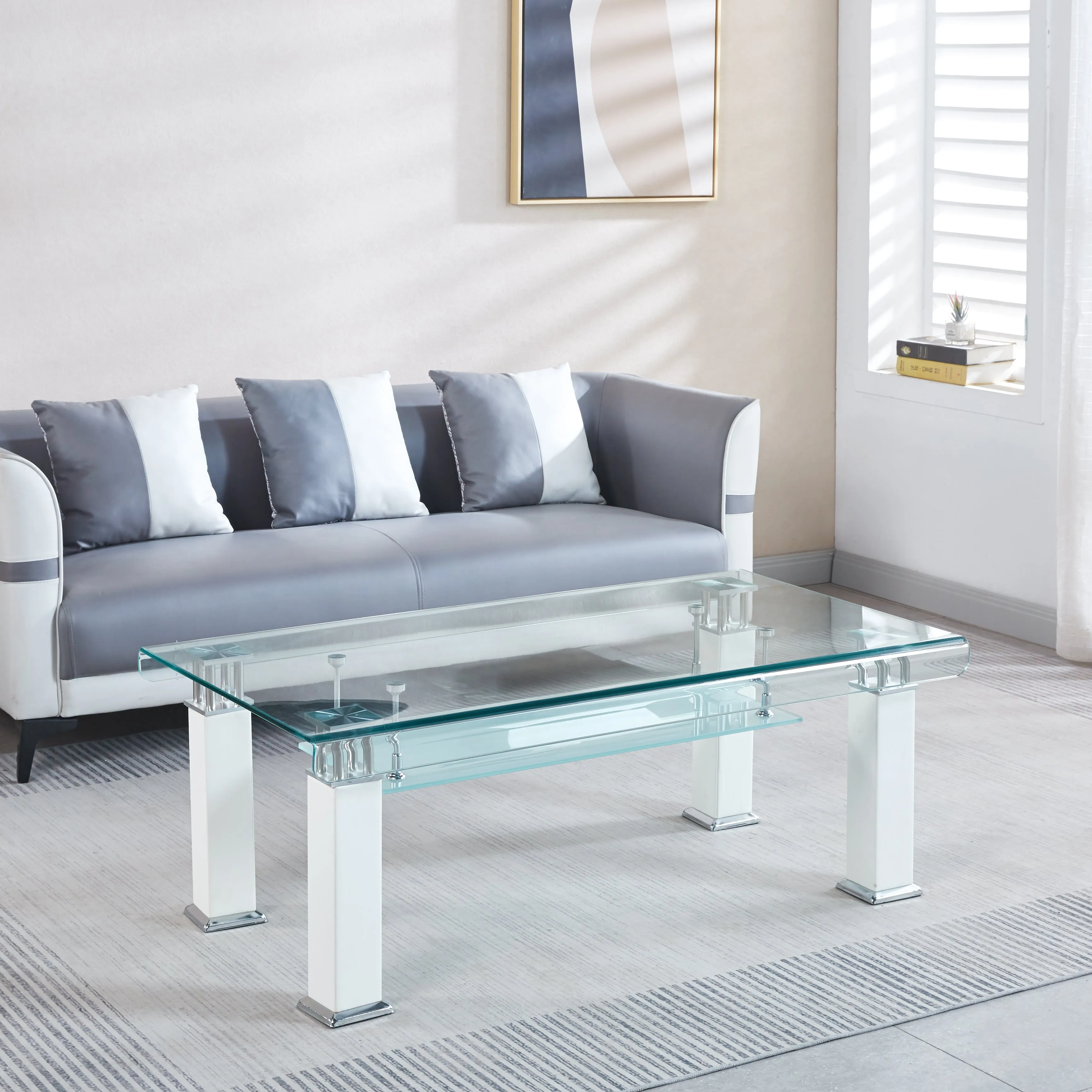 JD3 Modern Glass Coffee Table with Leatherette Accents