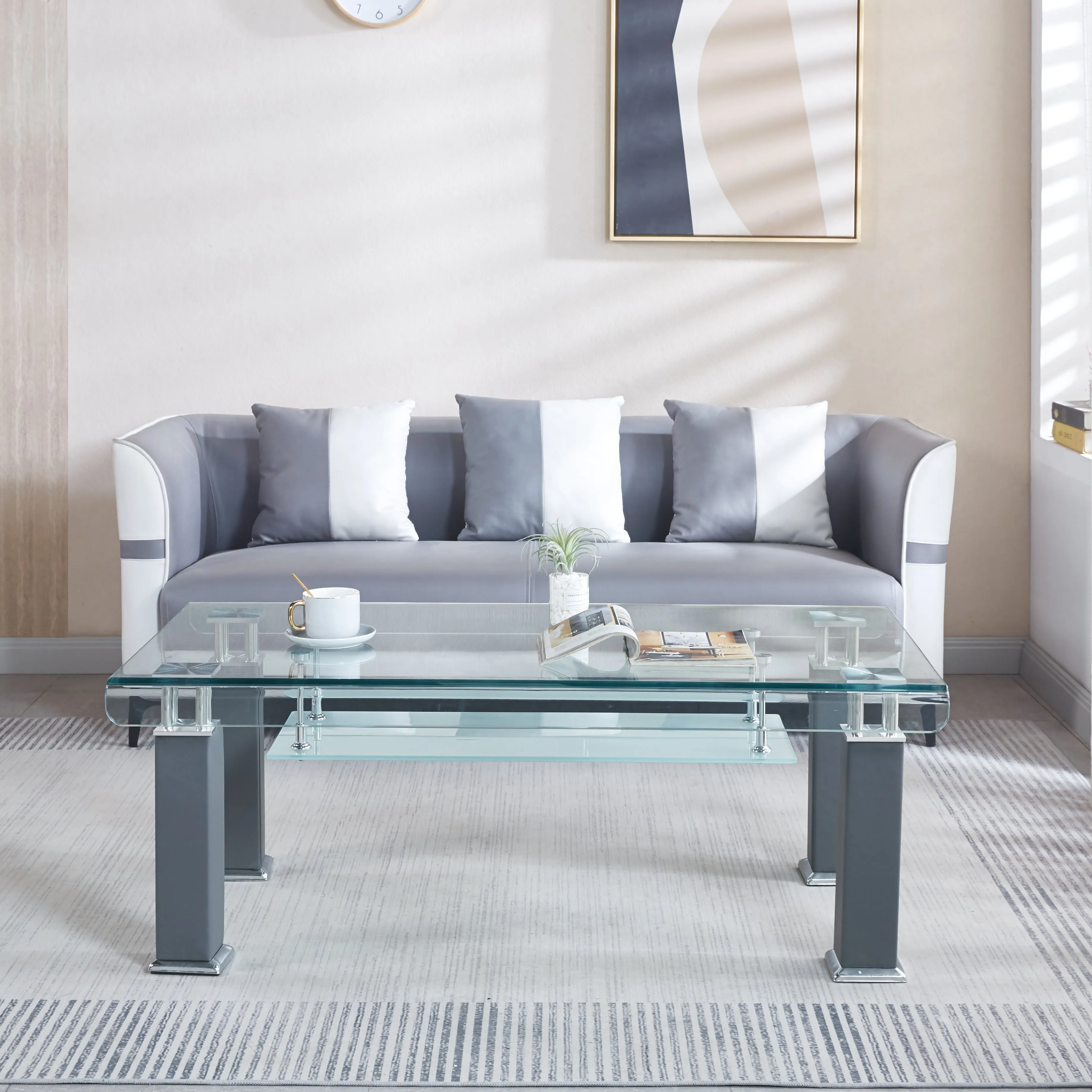 JD3 Modern Glass Coffee Table with Leatherette Accents