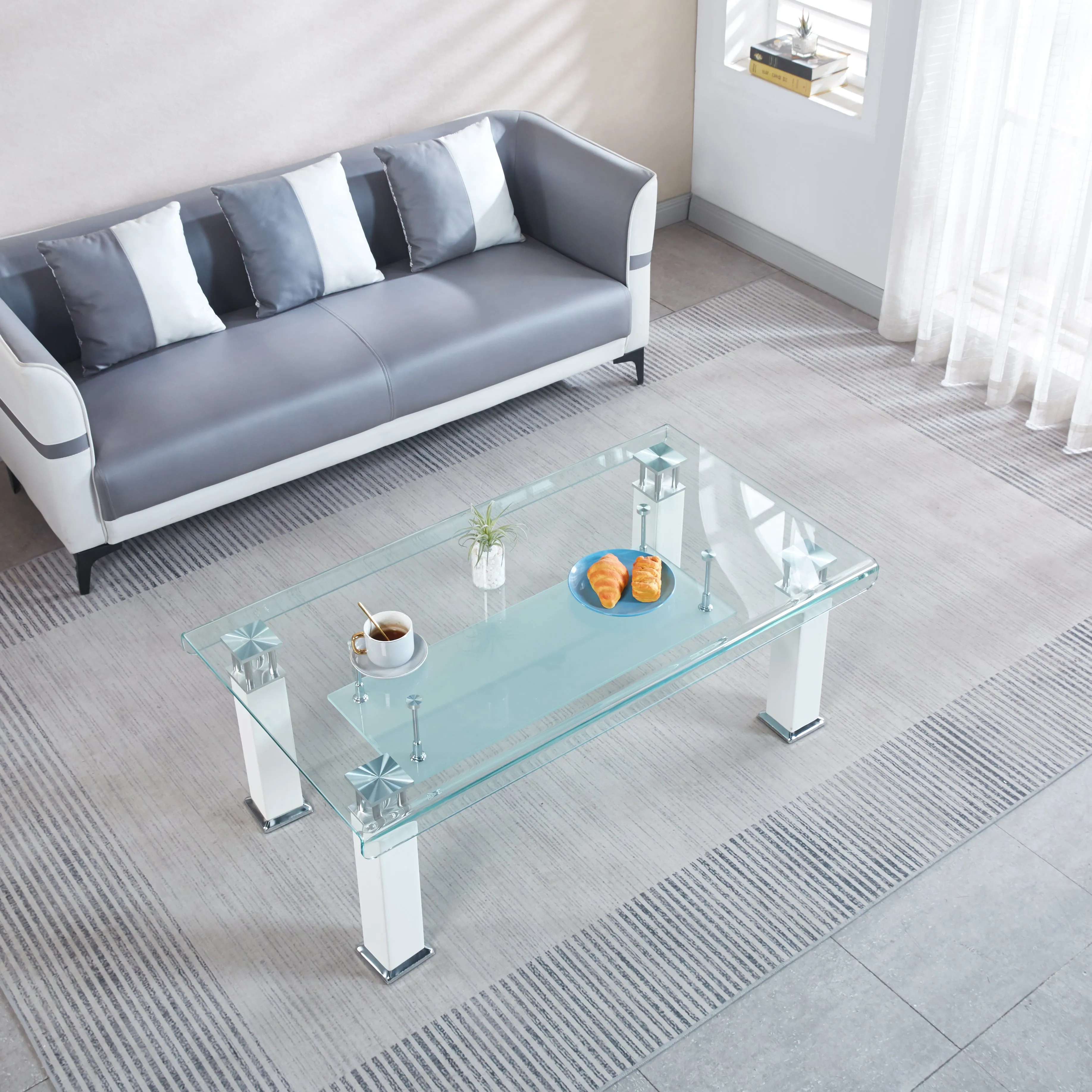 JD3 Modern Glass Coffee Table with Leatherette Accents