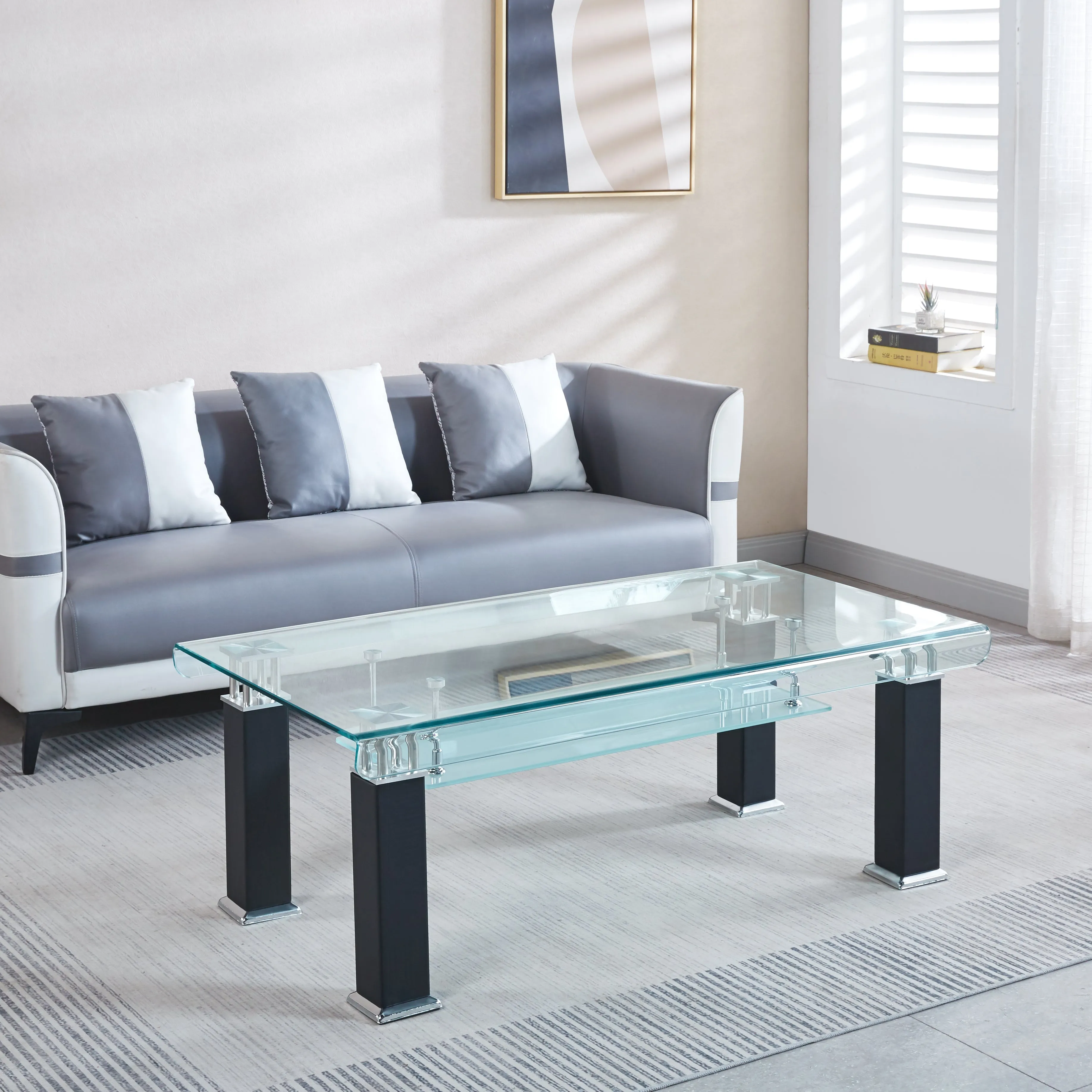 JD3 Modern Glass Coffee Table with Leatherette Accents