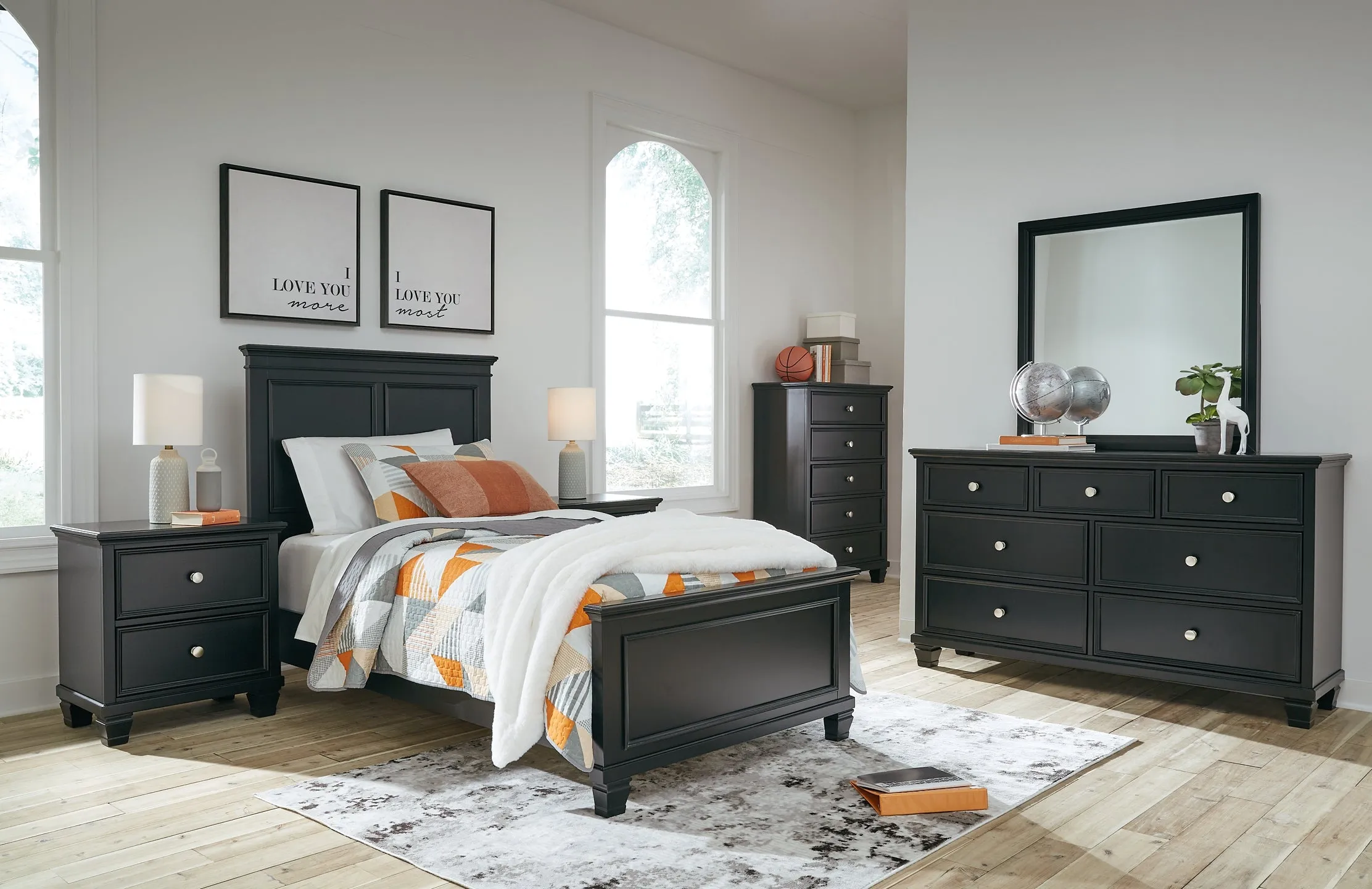 Lanolee Twin Panel Bed with Mirrored Dresser, Chest and 2 Nightstands