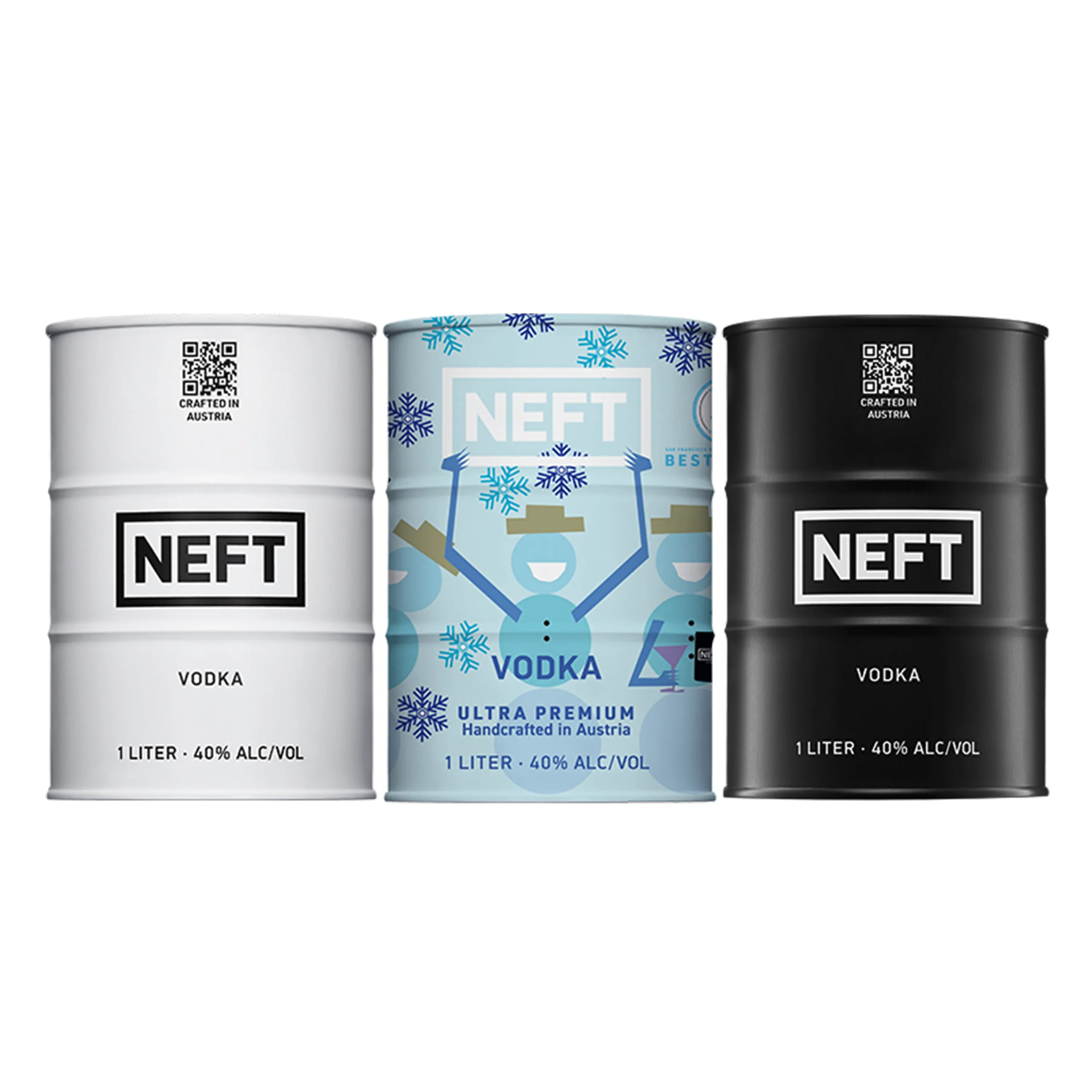 NEFT Vodka 1L Trio Pack: White, Black, Holiday Colored Barrels