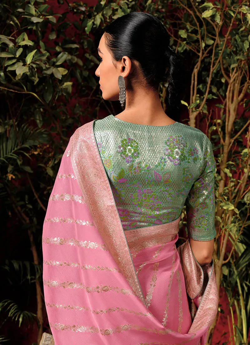 Pink And Green Floral Viscose Silk Saree