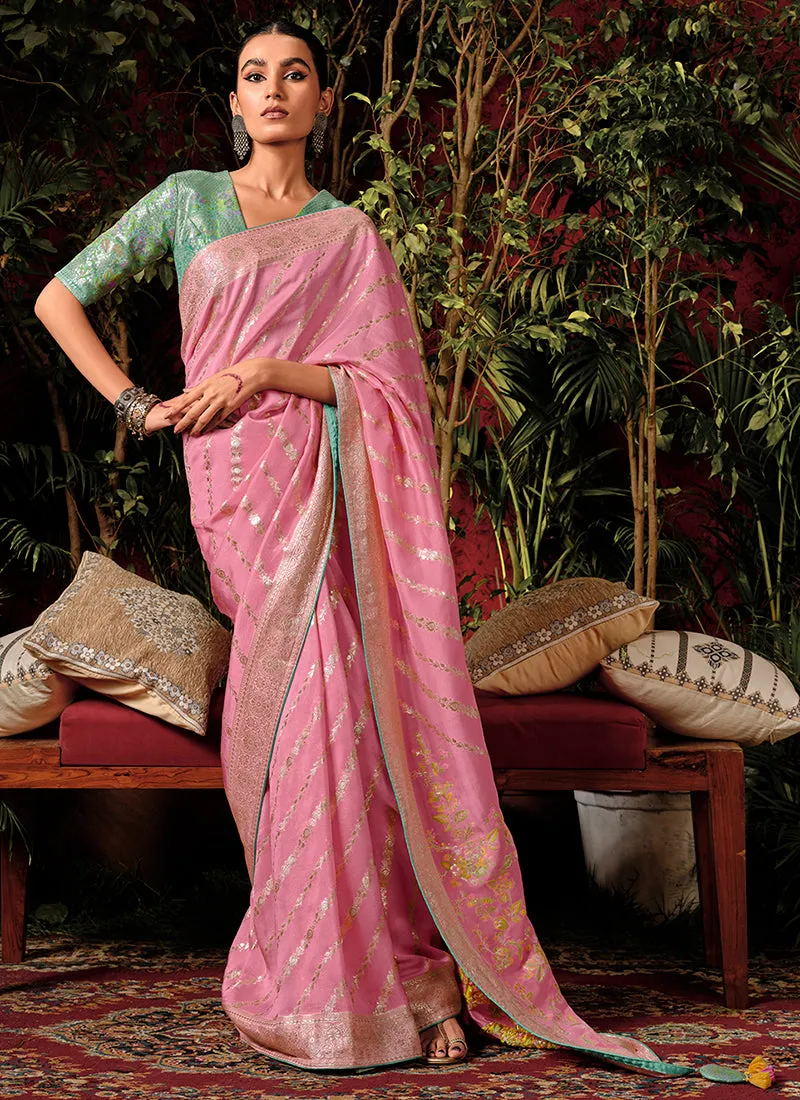 Pink And Green Floral Viscose Silk Saree