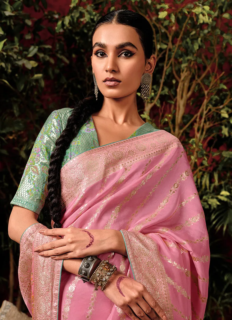 Pink And Green Floral Viscose Silk Saree