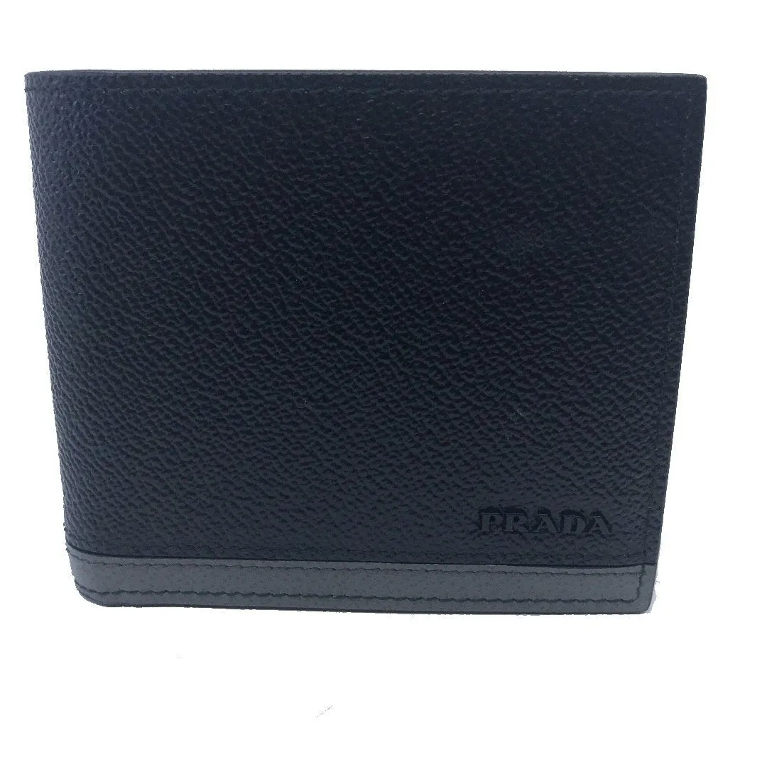 Prada Mens Black Nero Baltico Grey Vitello Micro Grain Leather Wallet 2MO513