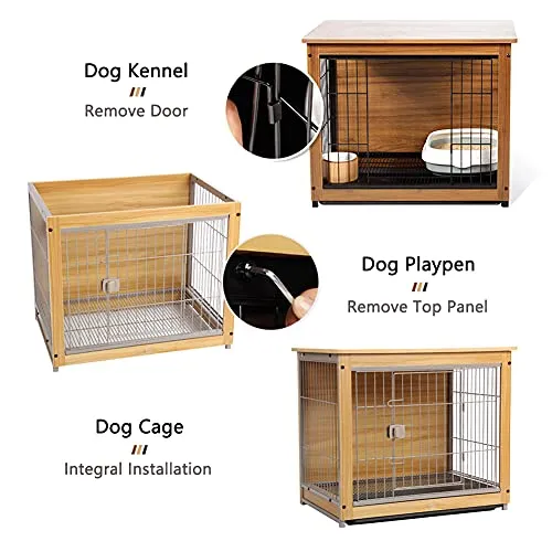 SPRICHIC Pet Cage with Crate Cover - Wooden Wire Dog House, Indoor Kennel, End Table, Night Stand, Small