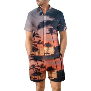 Tropical Sunset Third Button Up Short Sleeve and Shorts Loose  Set