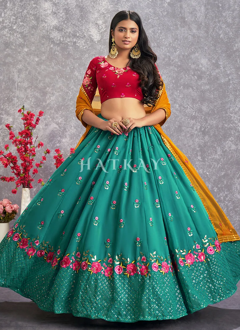 Turquoise Floral And Sequence Embroidery Wedding Lehenga Choli